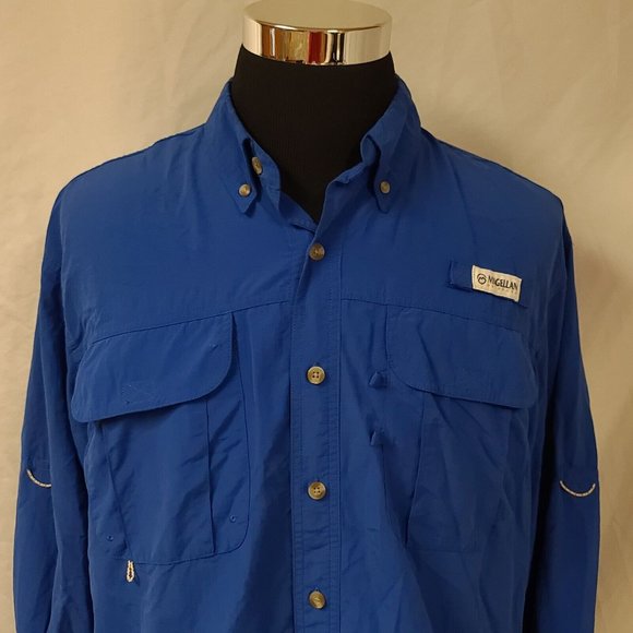 MAGELLAN OUTDOORS MAG WICK Mens Large Royal Blue Fish Long Sleeve Shirt - Picture 2 of 12